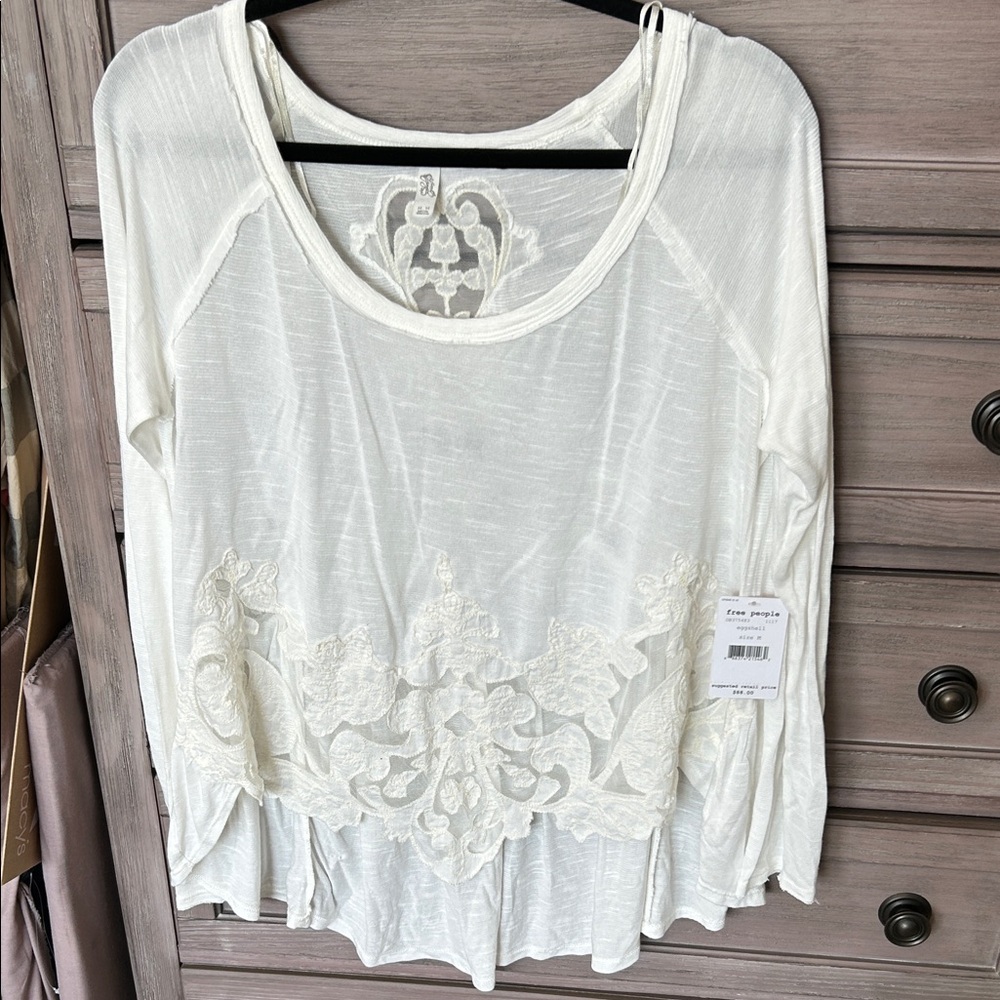 Free People White Lace Accent Blouse